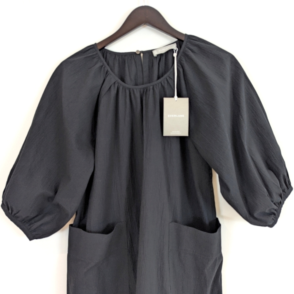 NWT Everlane Seersucker Puff Sleeve Mini Dress Black Size Medium - Picture 7 of 16